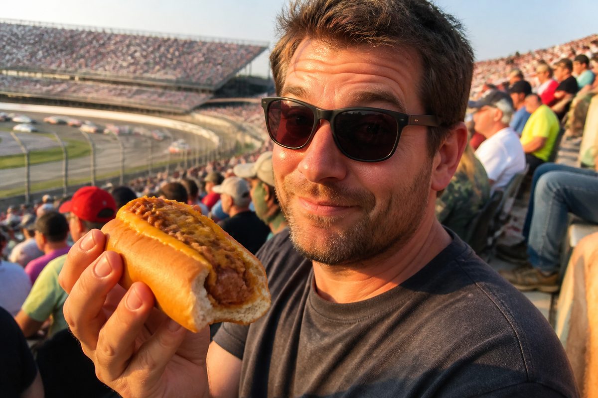 Race fan holding a chili cheese hot dog